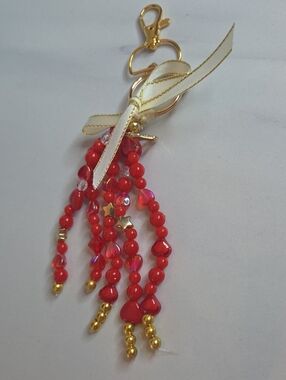 Red Beaded With Hearts Tassel Bag Charm